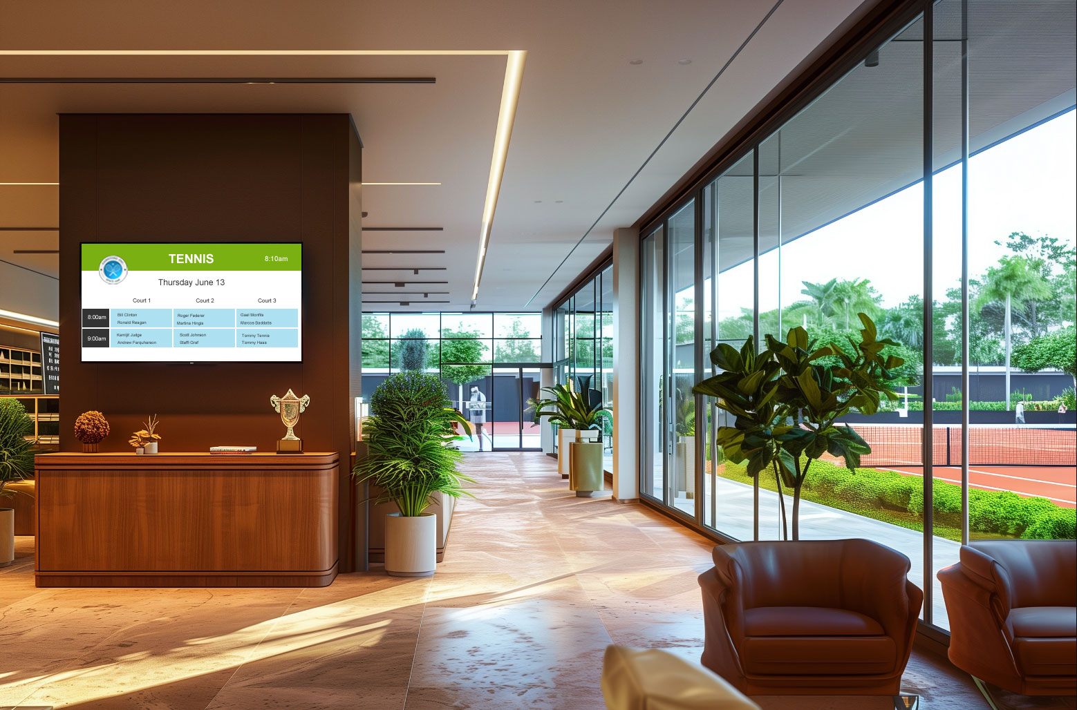 Wall-mounted display showing live court bookings and class schedules